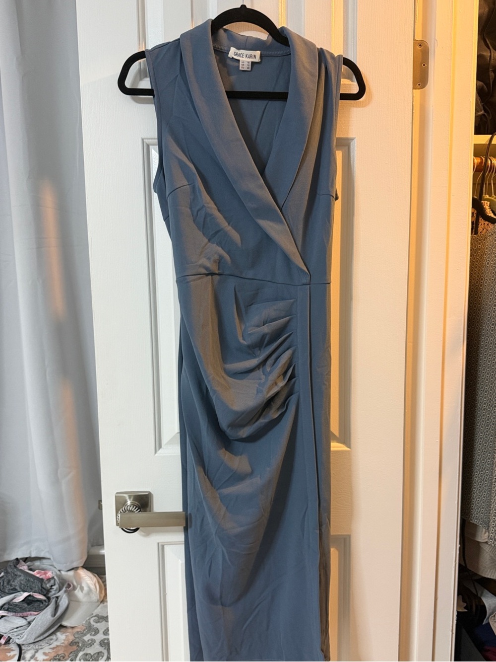 Grace Karin Slate Blue Draped V-Neck Midi Dress